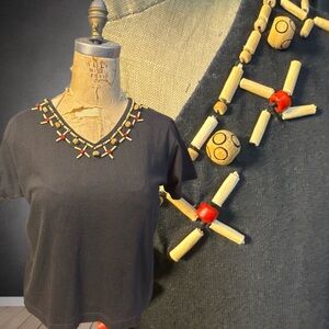 90s Copper Key Brand Black T-Shirt with Wooden Beaded Neckline